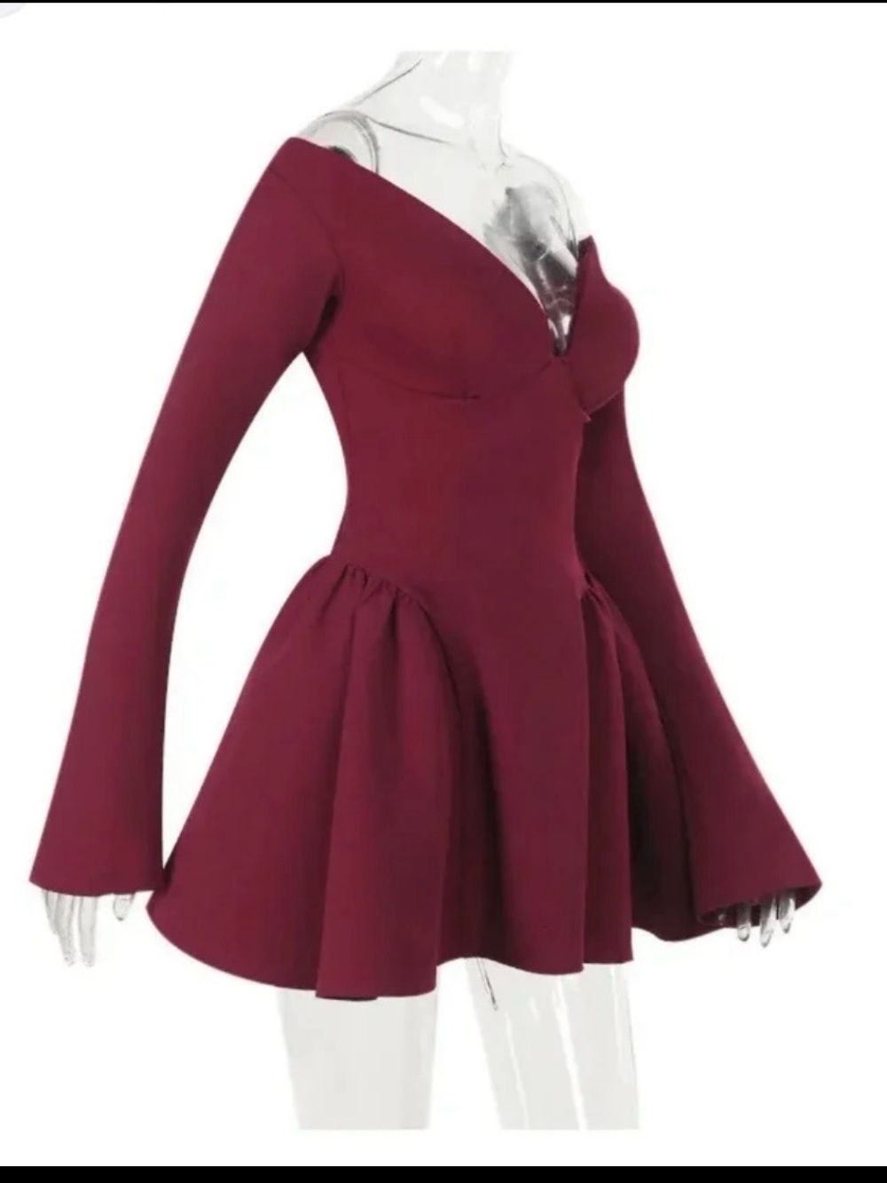 Off-Shoulder Burgundy Fit & Flare Dress - Picture 2 of 5